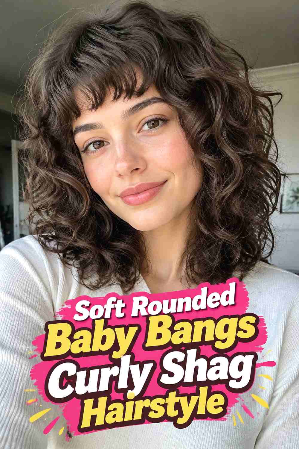 1. Soft Rounded Baby Bangs Curly Shag Hairstyle