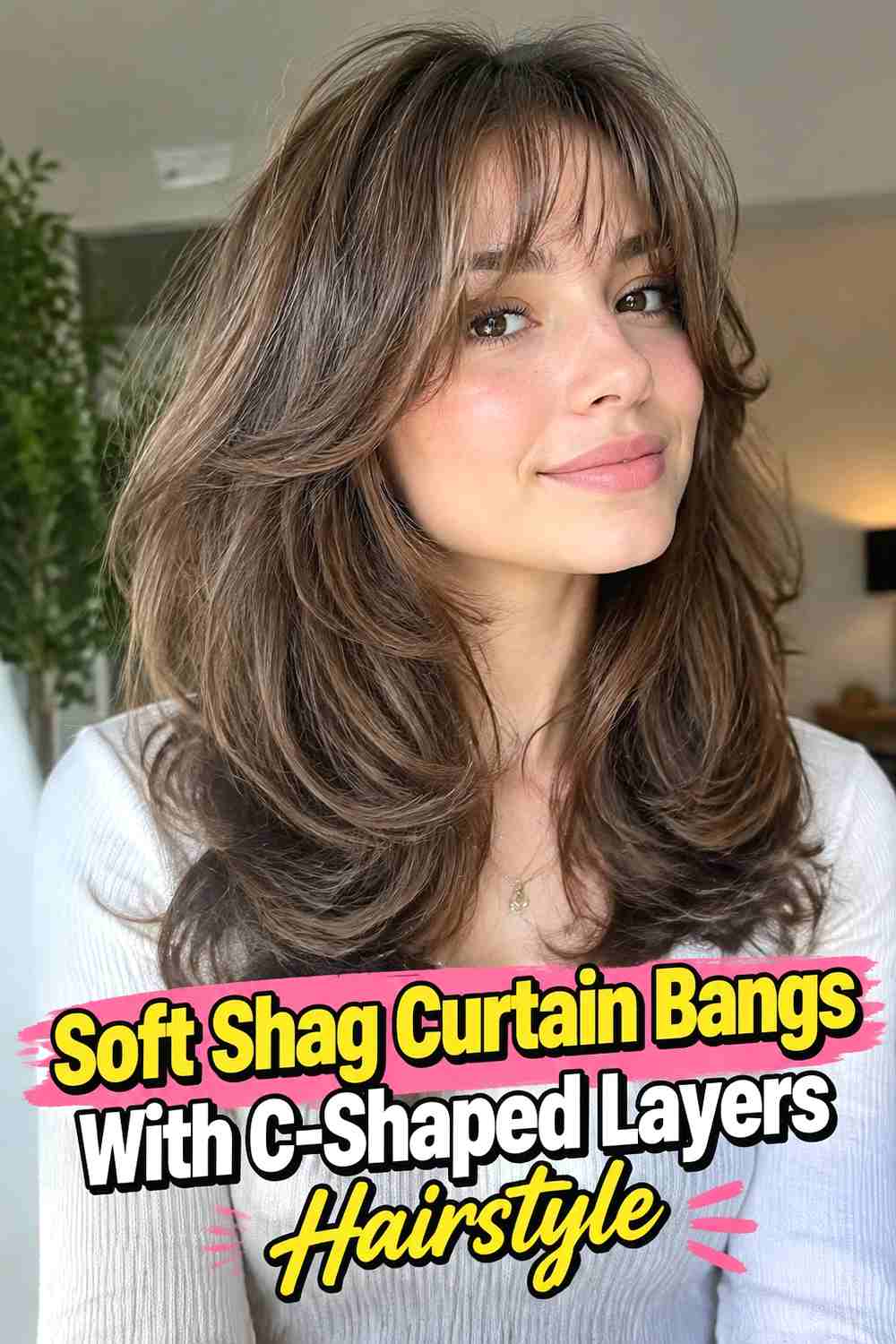14. Soft Shag Curtain Bangs With C Shaped Layers Hairstyle