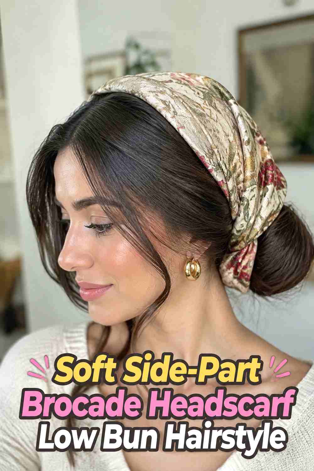 2. Soft Side Part Brocade Headscarf Low Bun Hairstyle