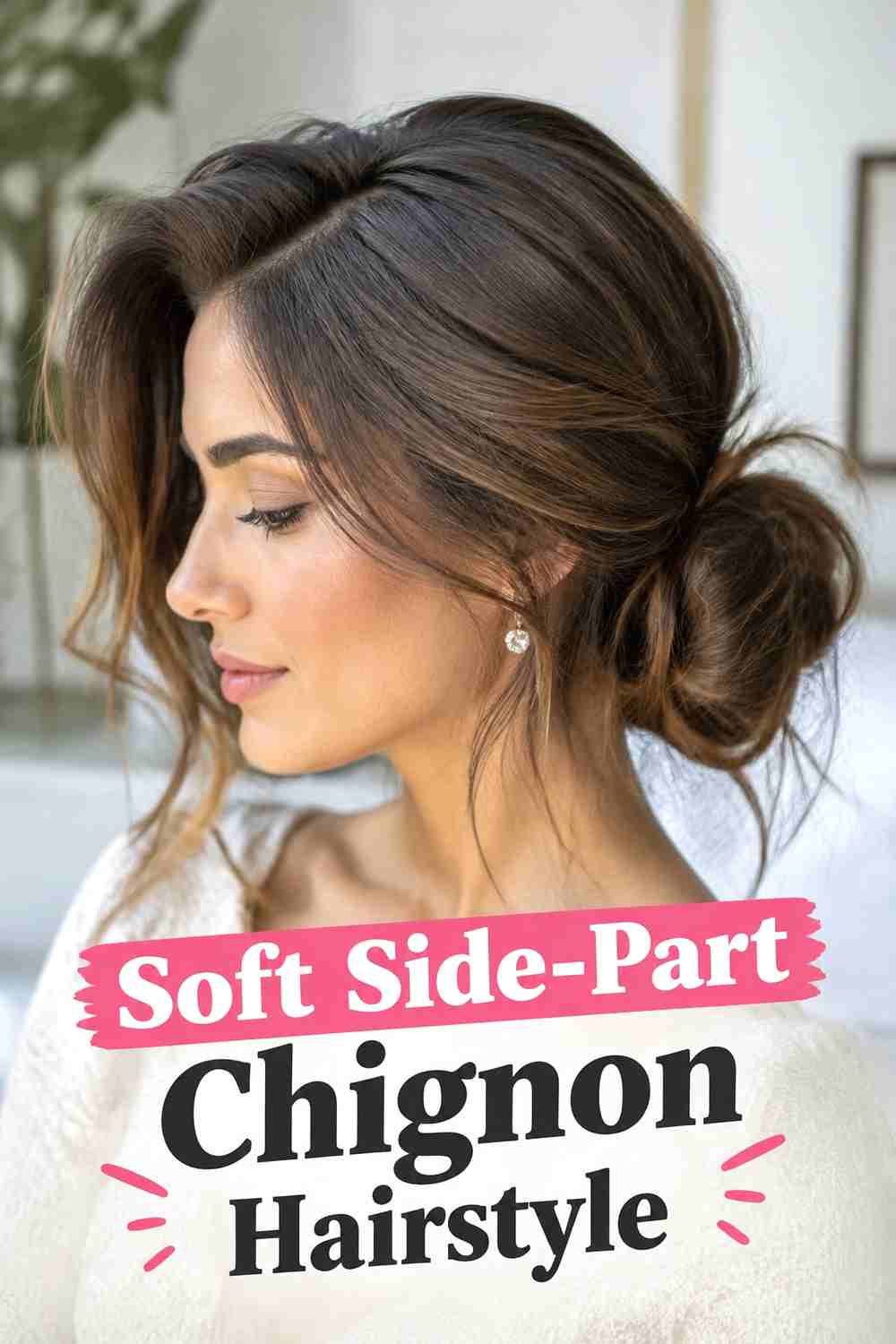 7. Soft Side Part Chignon Hairstyle