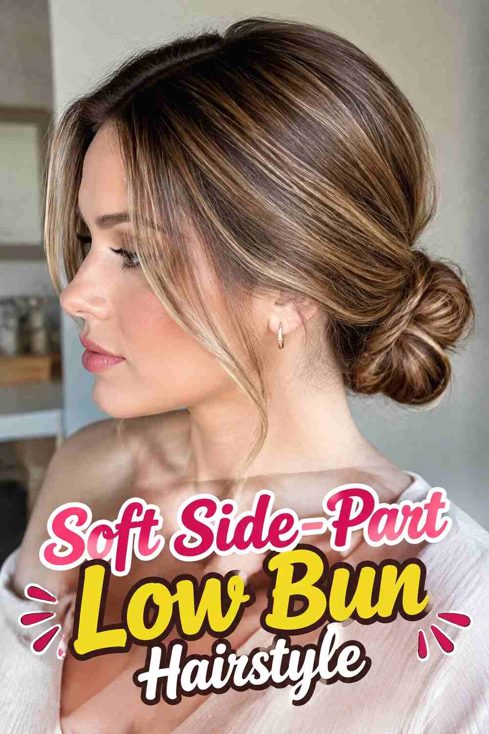 2. Soft Side Part Low Bun Hairstyle