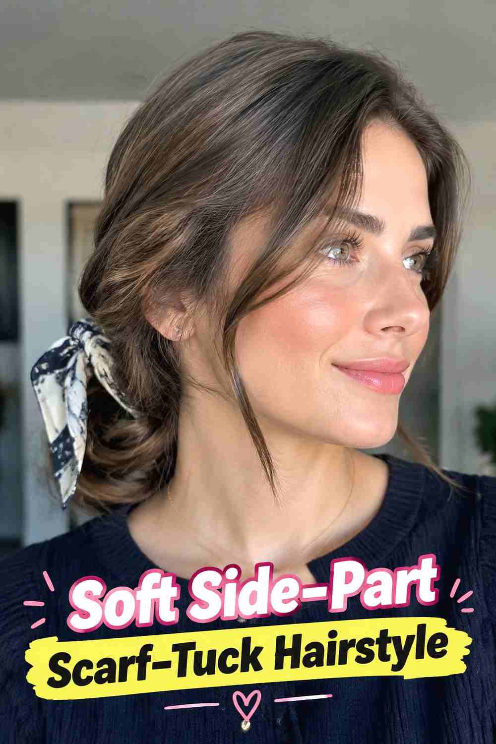 1. Soft Side Part Scarf Tuck Hairstyle