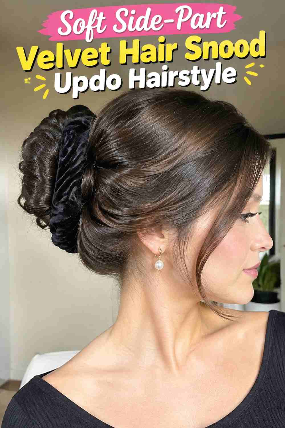 2. Soft Side Part Velvet Hair Snood Updo Hairstyle
