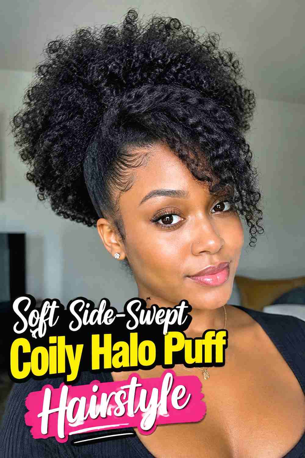 3. Soft Side Swept Coily Halo Puff Hairstyle