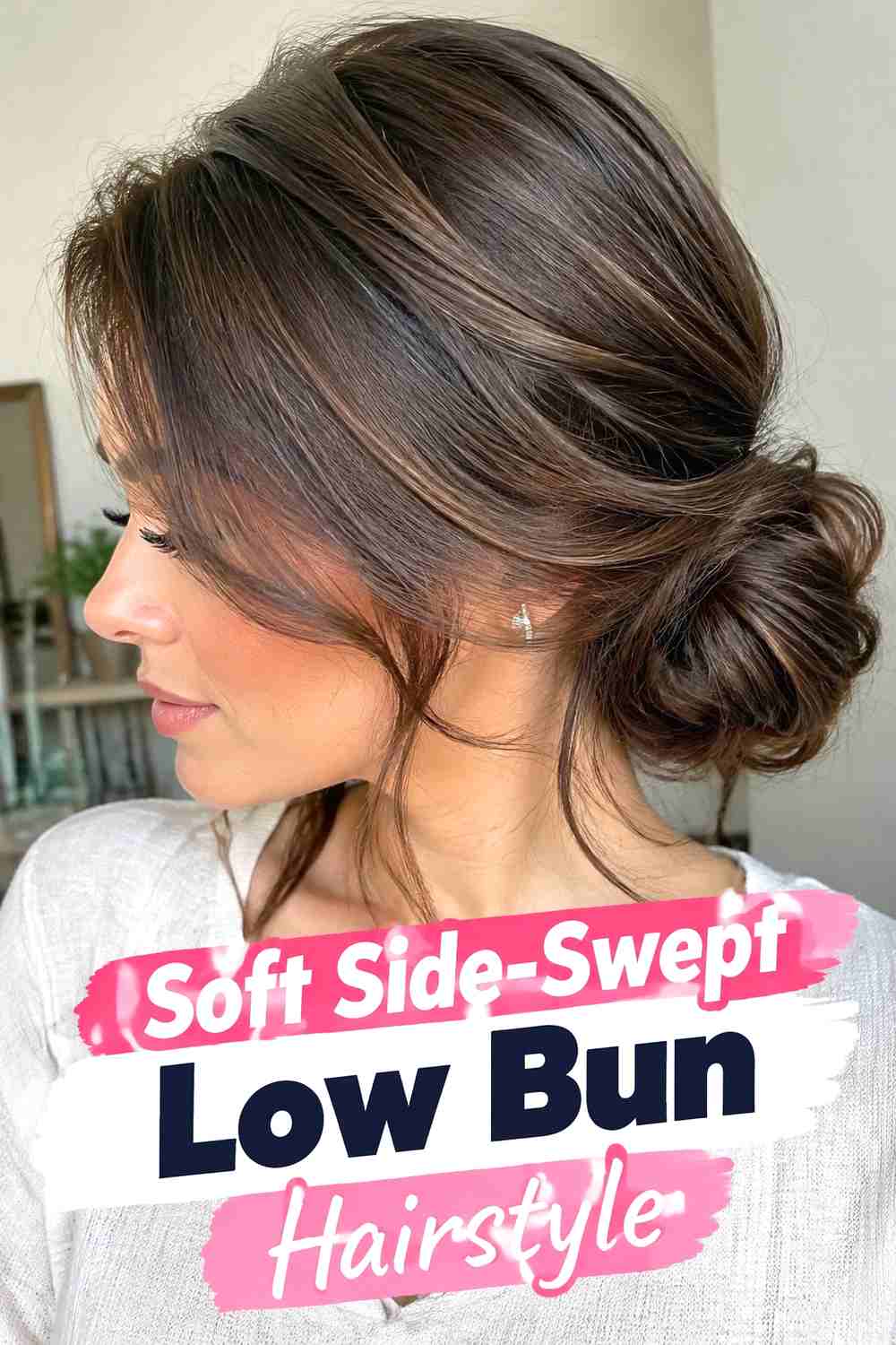 12. Soft Side Swept Low Bun Hairstyle