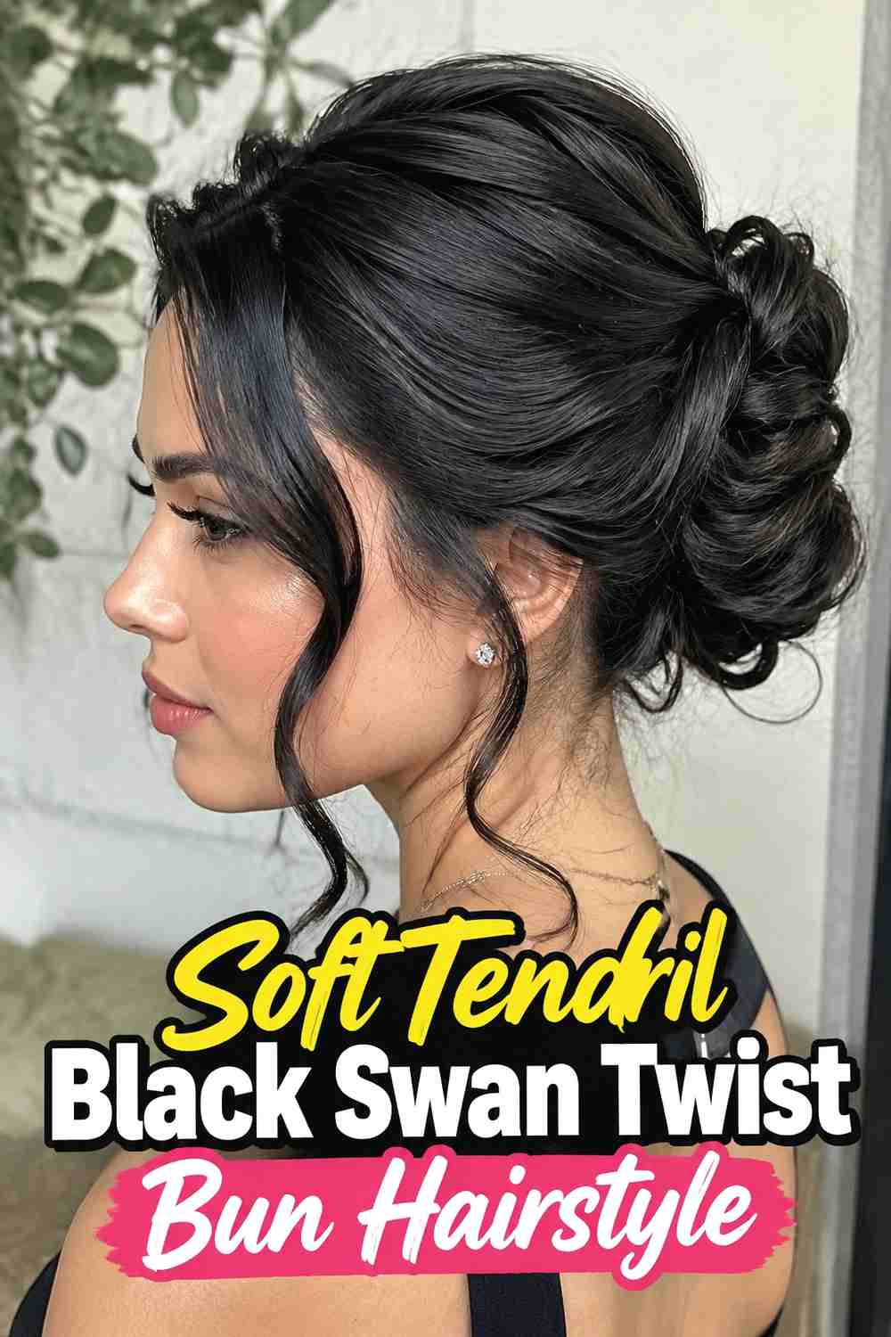 7. Soft Tendril Black Swan Twist Bun Hairstyle