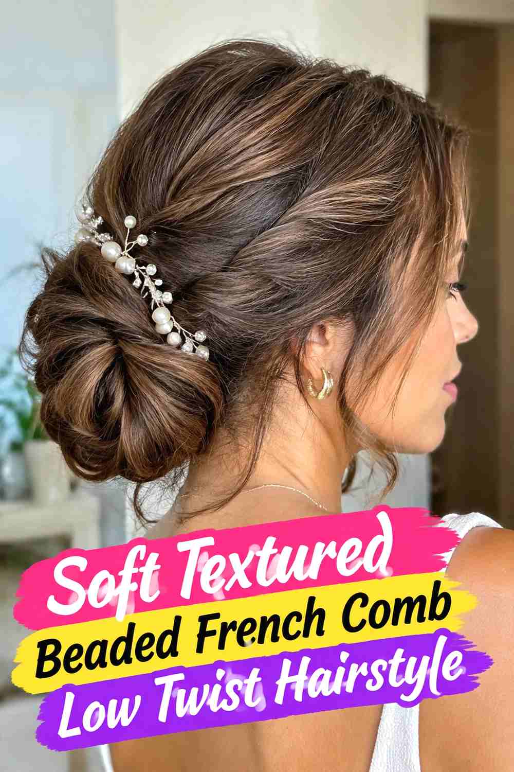 5. Soft Textured Beaded French Comb Low Twist Hairstyle