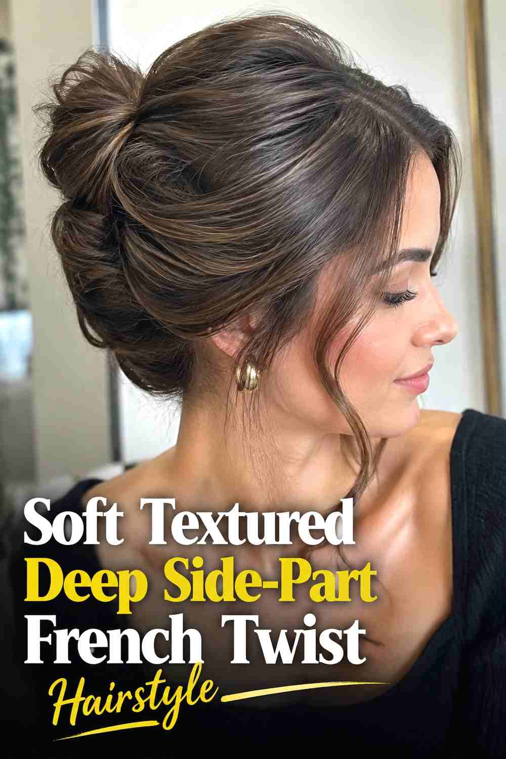3. Soft Textured Deep Side Part French Twist Hairstyle