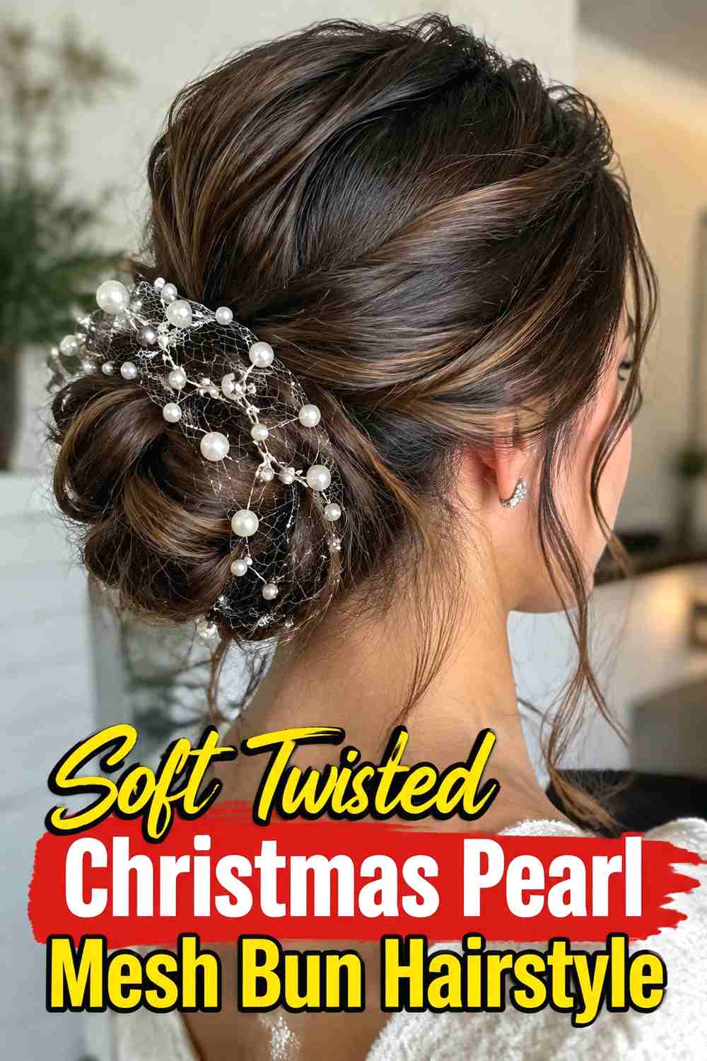 4. Soft Twisted Christmas Pearl Mesh Bun Hairstyle