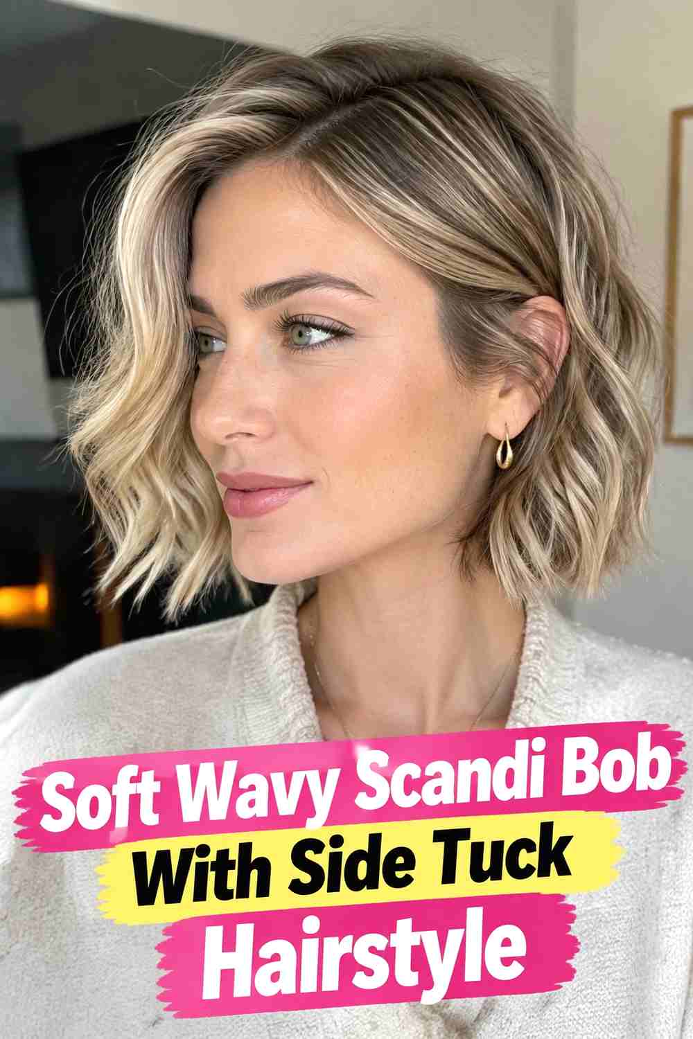 7. Soft Wavy Scandi Bob With Side Tuck Hairstyle