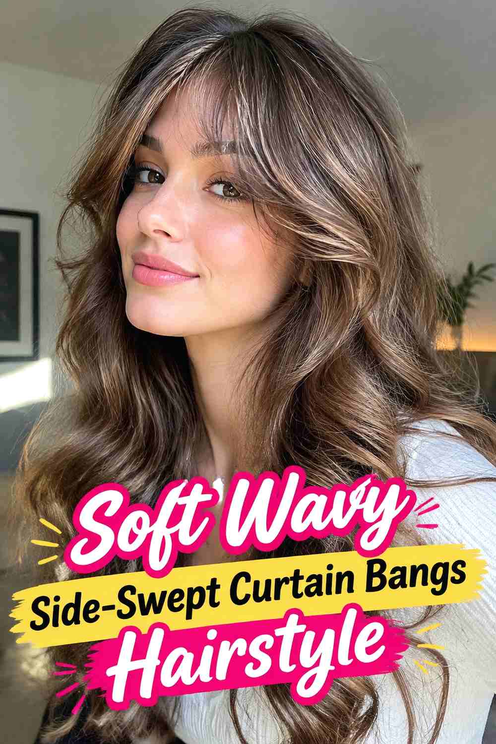 2. Soft Wavy Side Swept Curtain Bangs Hairstyle