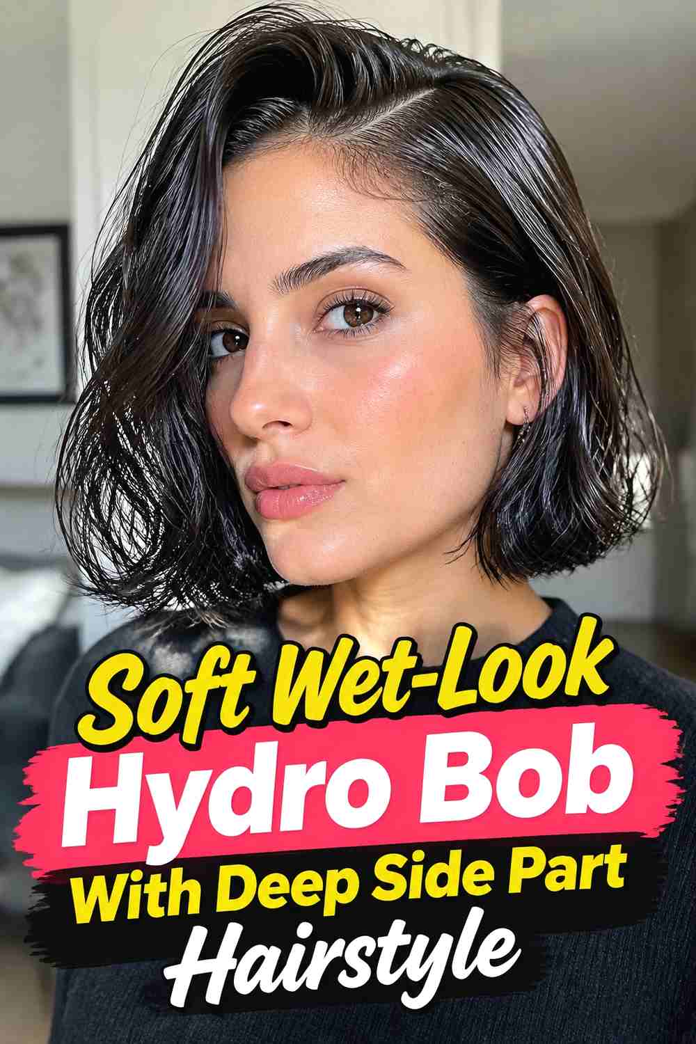 2. Soft Wet Look Hydro Bob With Deep Side Part Hairstyle