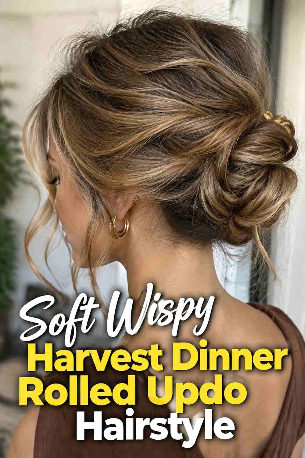 5. Soft Wispy Harvest Dinner Rolled Updo Hairstyle