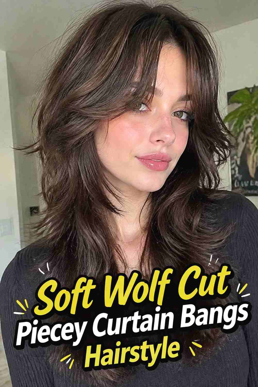 14. Soft Wolf Cut Piecey Curtain Bangs Hairstyle