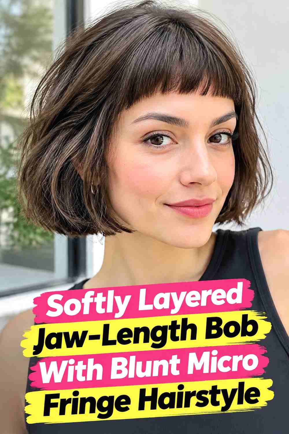 6. Softly Layered Jaw Length Bob With Blunt Micro Fringe Hairstyle