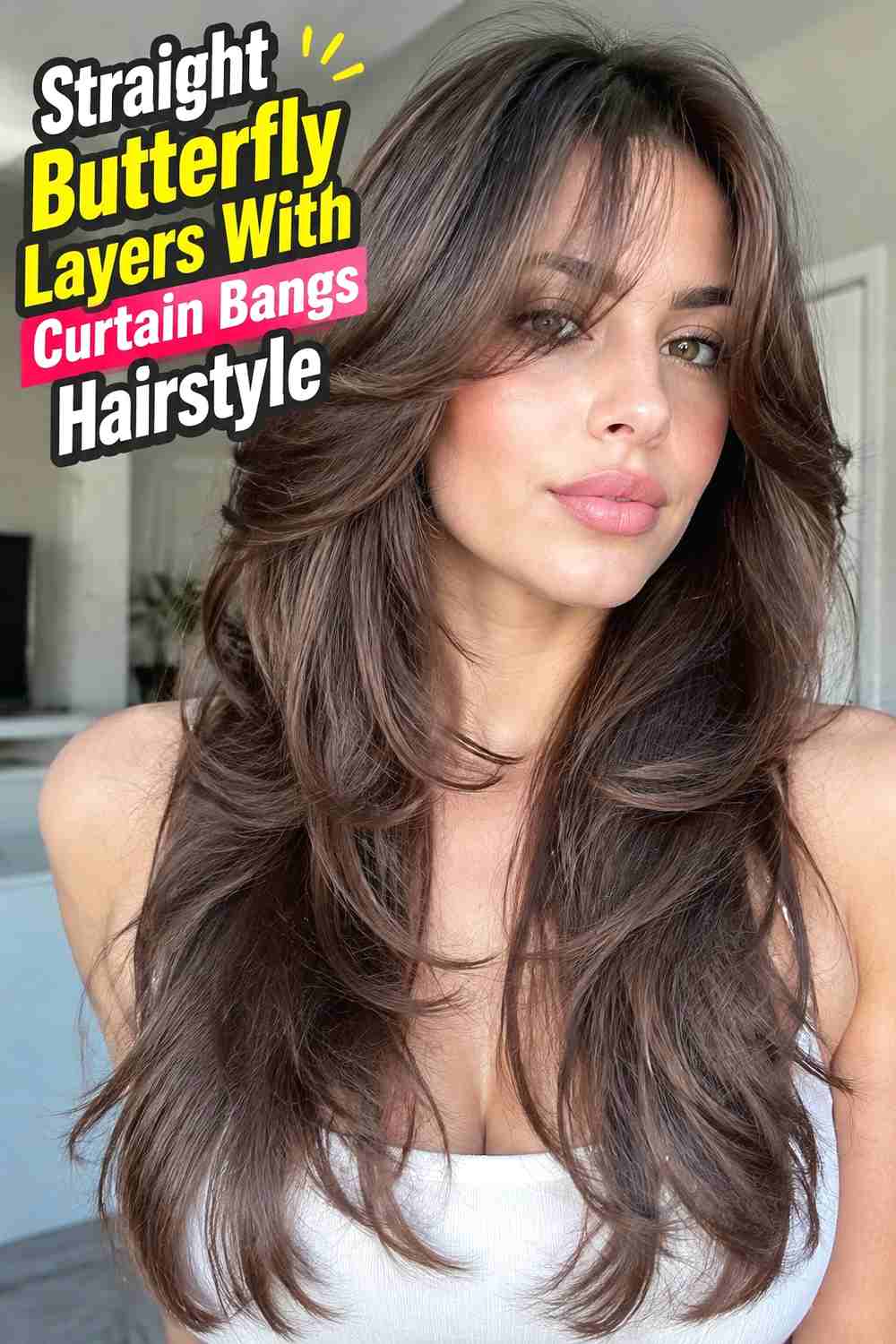 7. Straight Butterfly Layers With Curtain Bangs Hairstyle