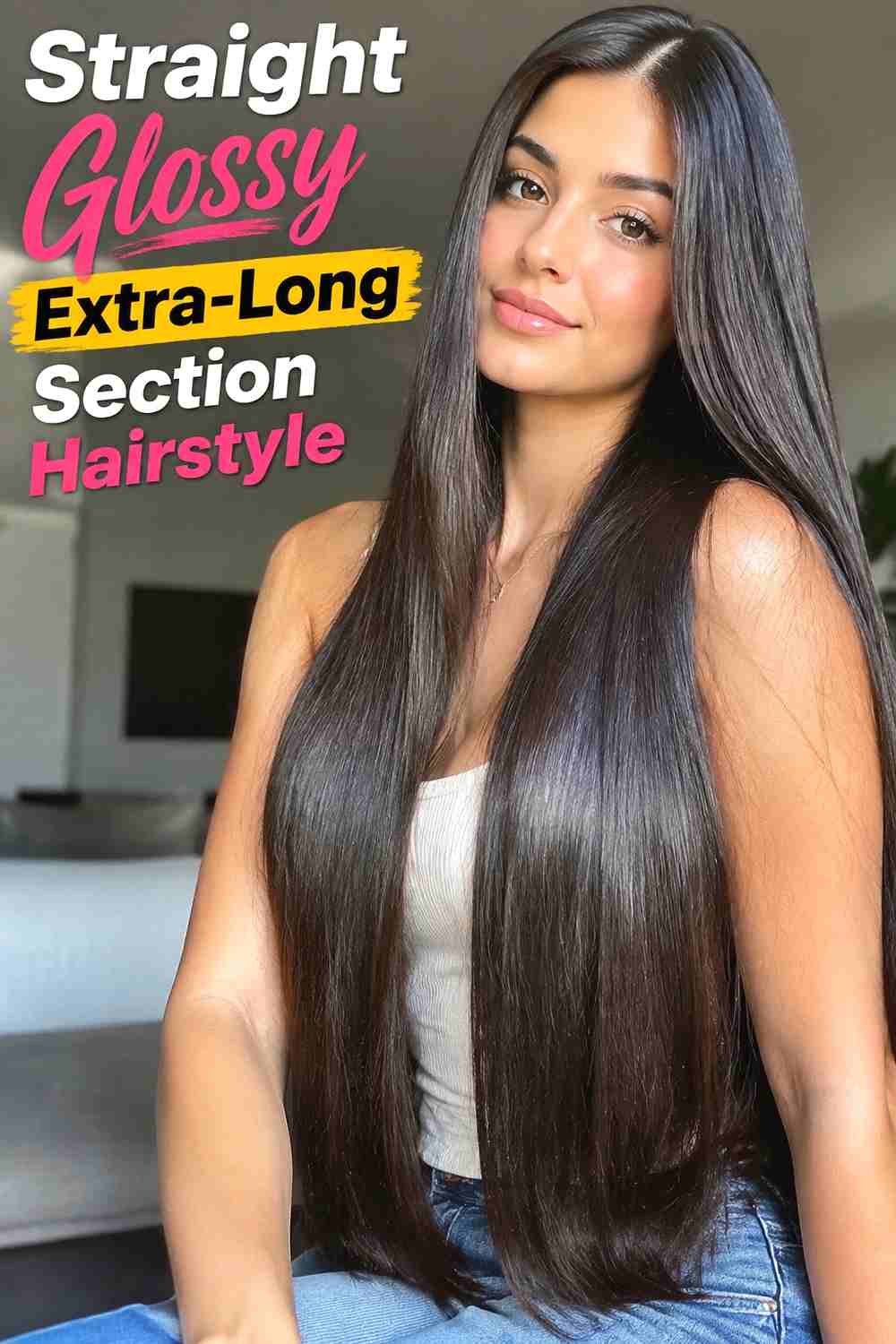 7. Straight Glossy Extra Long Section Hairstyle