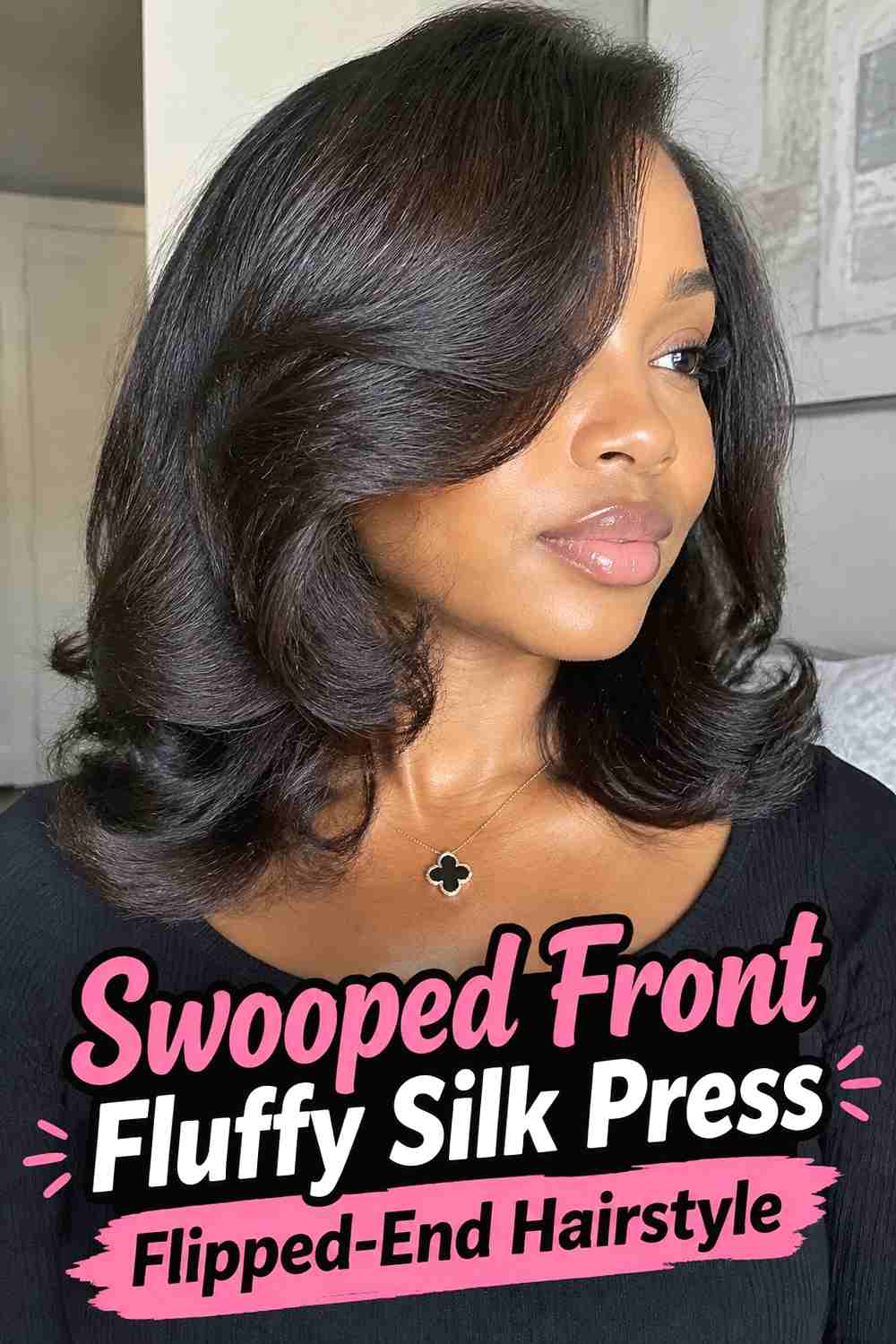 13. Swooped Front Fluffy Silk Press Flipped End Hairstyle