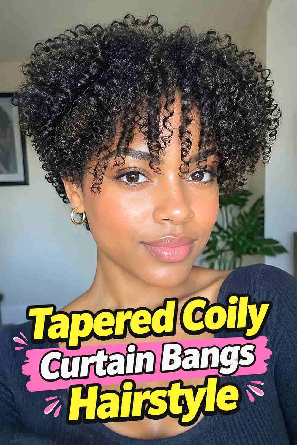 11. Tapered Coily Curtain Bangs Hairstyle