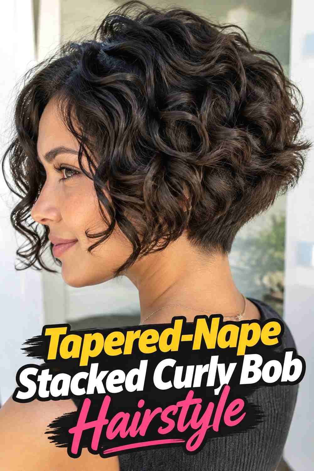 6. Tapered Nape Stacked Curly Bob Hairstyle
