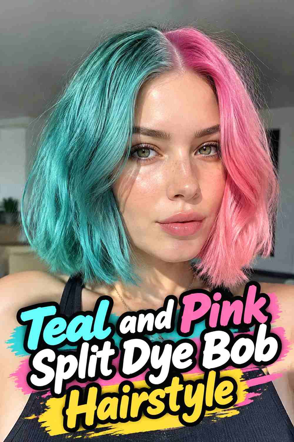 9. Teal And Pink Split Dye Bob Hairstyle