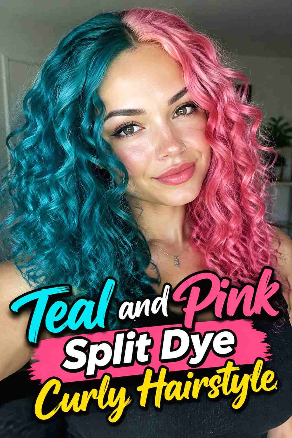 11. Teal And Pink Split Dye Curly Hairstyle