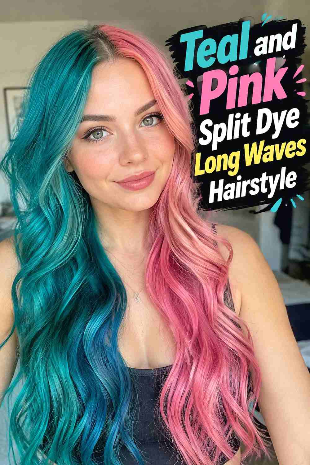 10. Teal And Pink Split Dye Long Waves Hairstyle