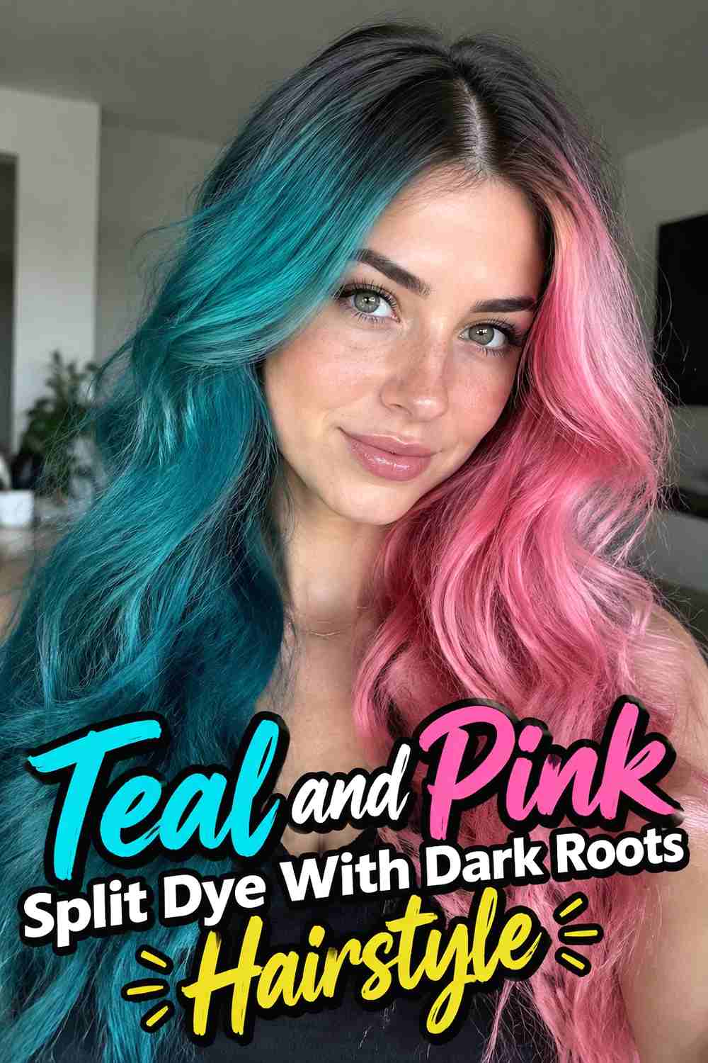 8. Teal And Pink Split Dye With Dark Roots Hairstyle