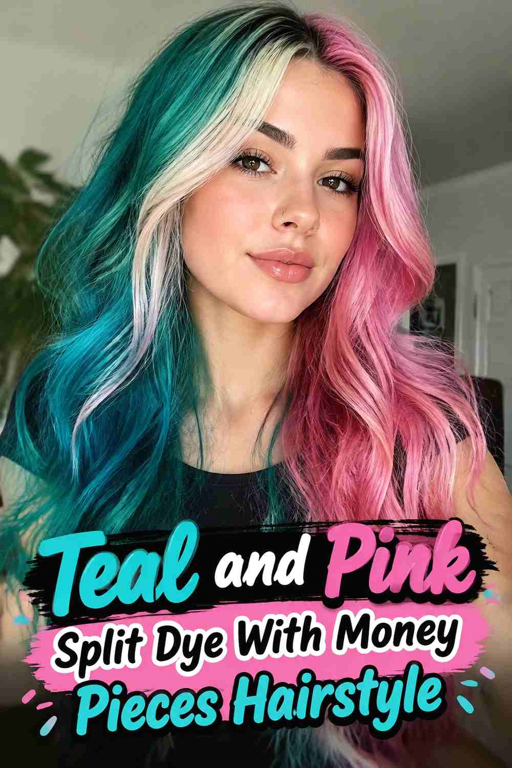 13. Teal And Pink Split Dye With Money Pieces Hairstyle
