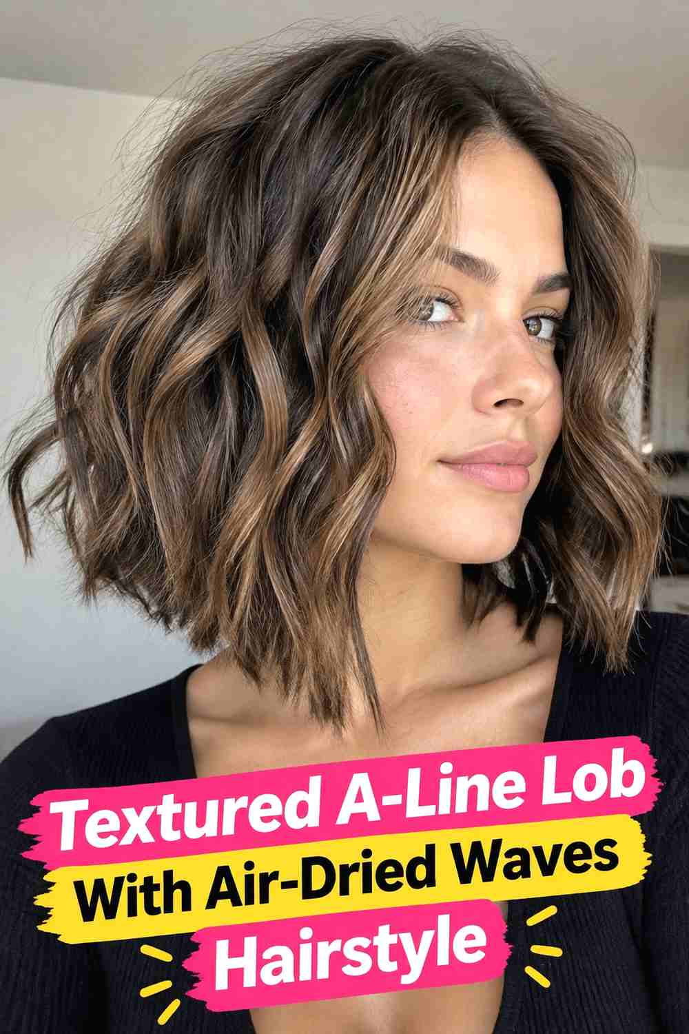 8. Textured A Line Lob With Air Dried Waves Hairstyle