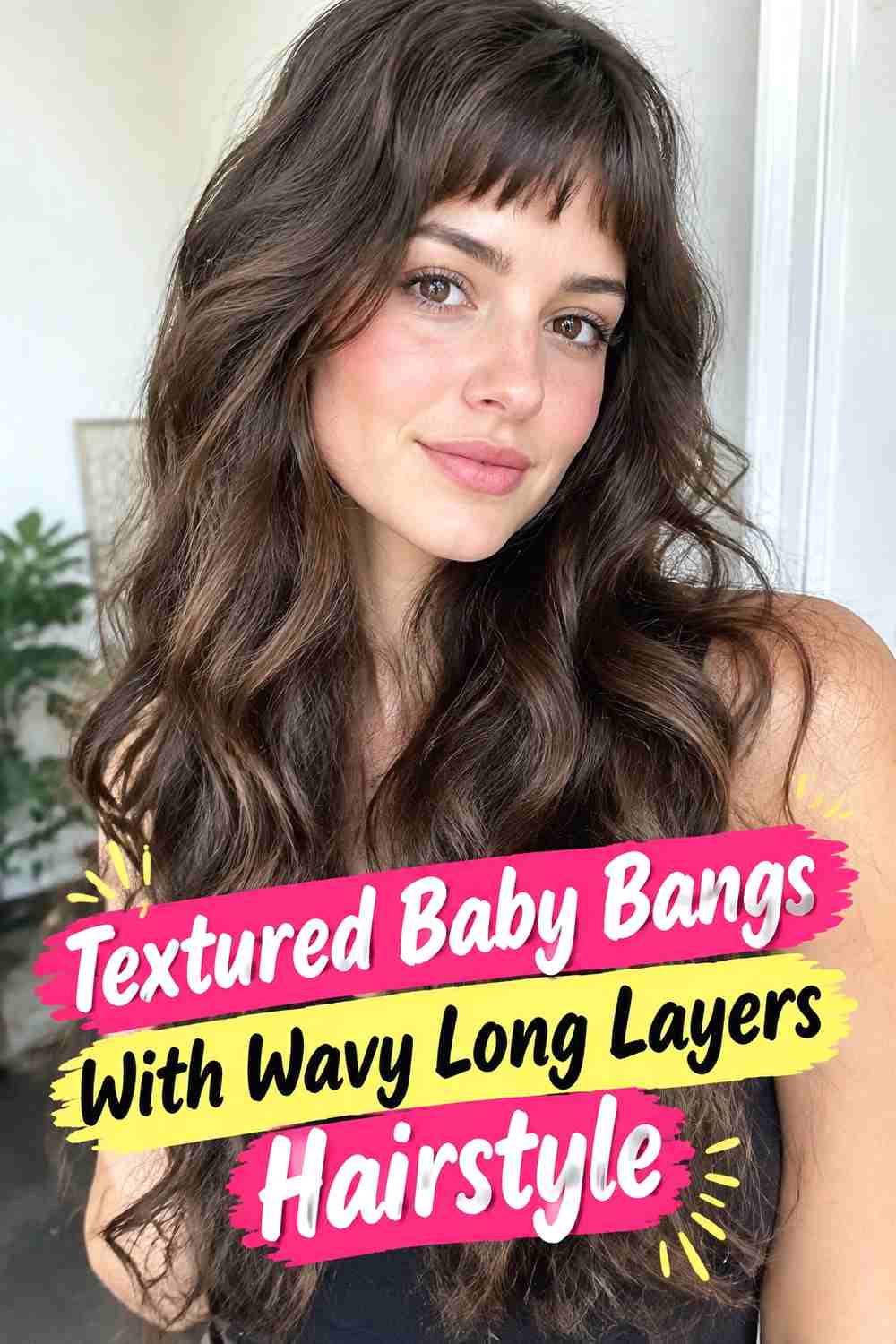7. Textured Baby Bangs With Wavy Long Layers Hairstyle