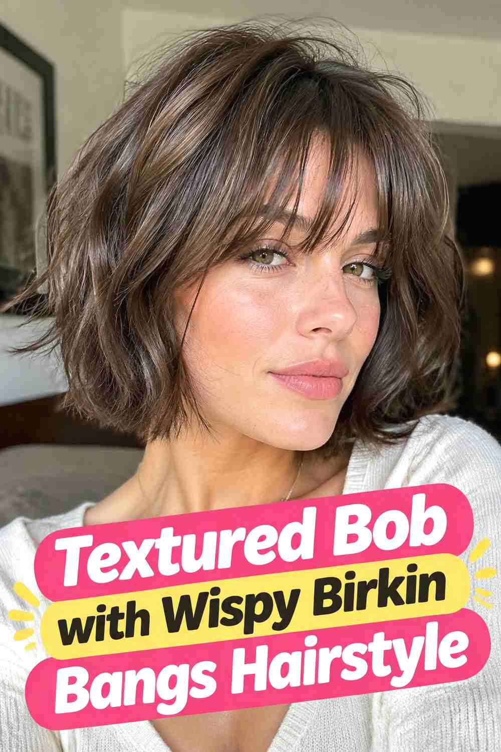 8. Textured Bob With Wispy Birkin Bangs Hairstyle