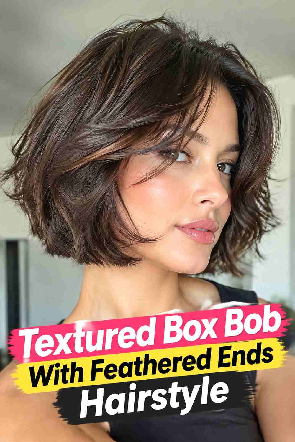 11. Textured Box Bob With Feathered Ends Hairstyle