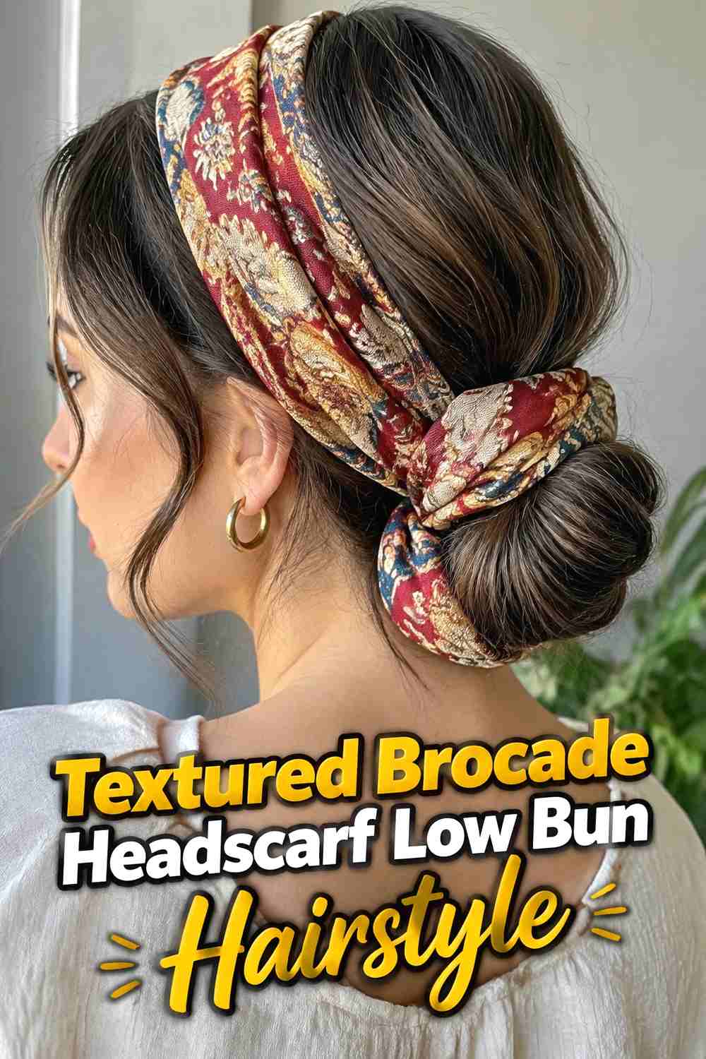 8. Textured Brocade Headscarf Low Bun Hairstyle