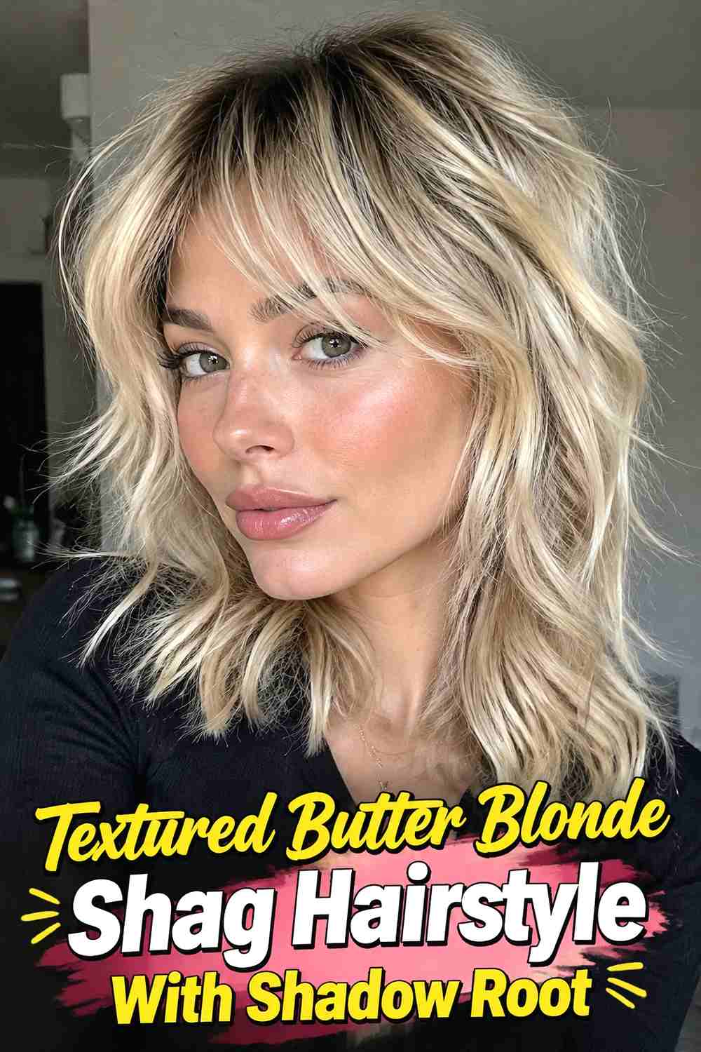6. Textured Butter Blonde Shag Hairstyle With Shadow Root