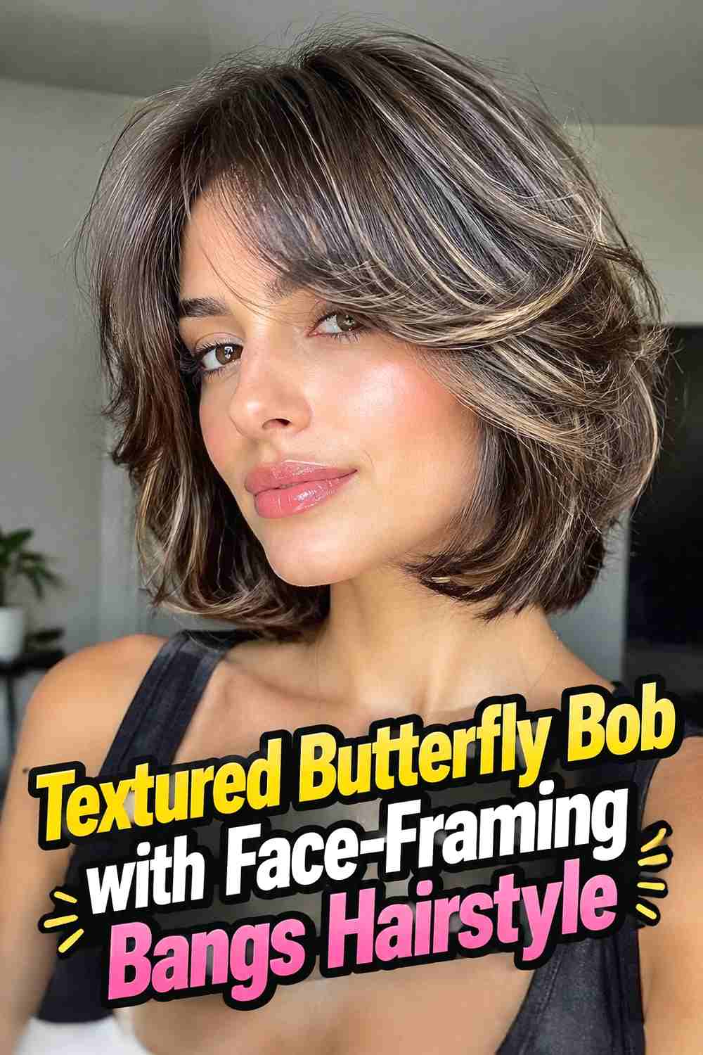 8. Textured Butterfly Bob With Face Framing Bangs Hairstyle