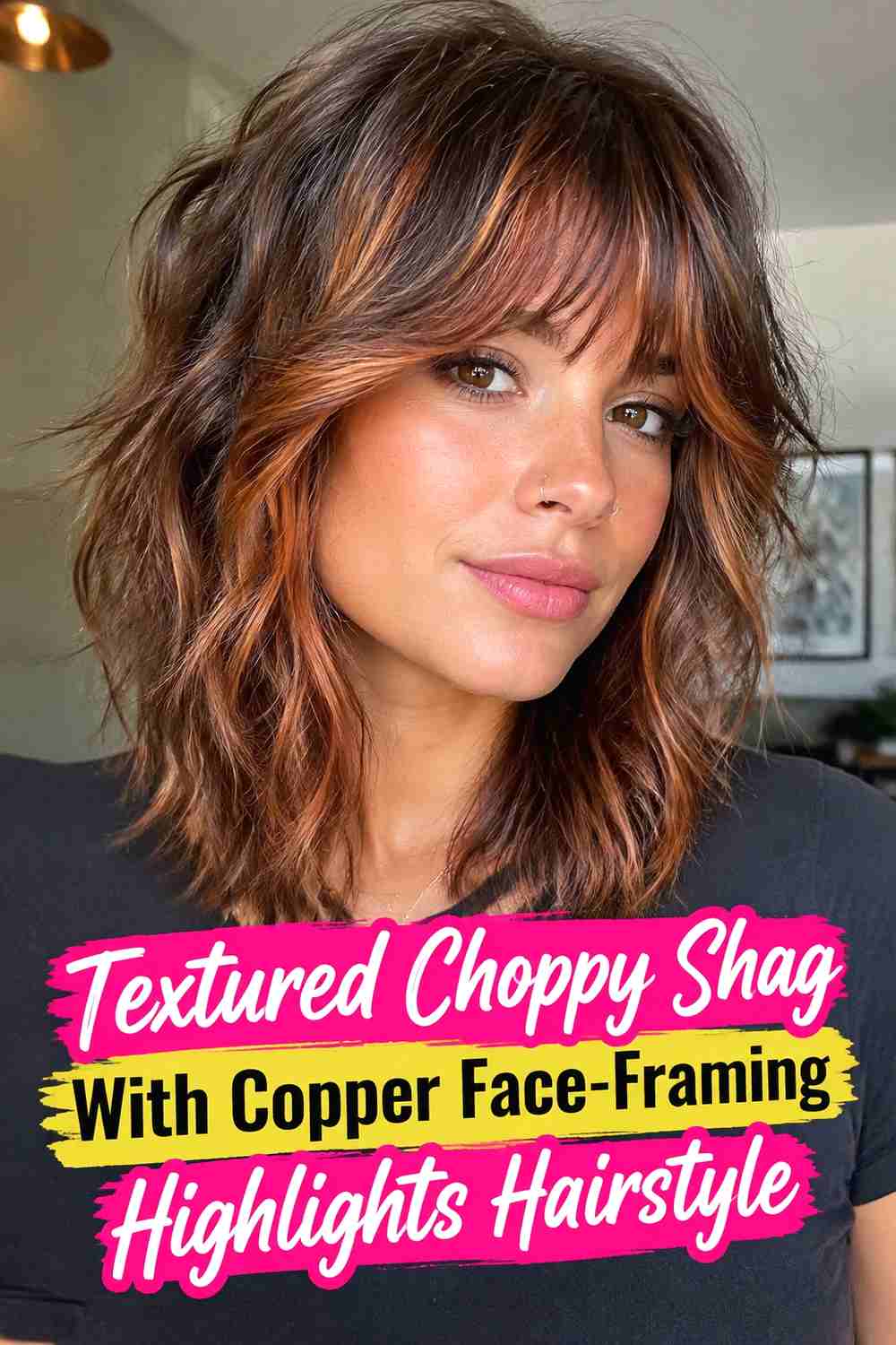 12. Textured Choppy Shag With Copper Face Framing Highlights Hairstyle