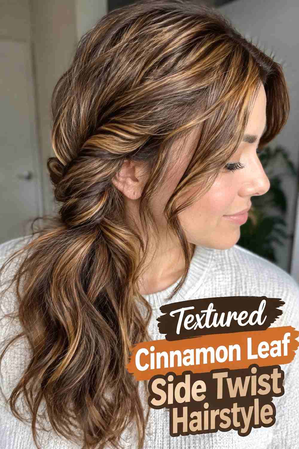 12. Textured Cinnamon Leaf Side Twist Hairstyle