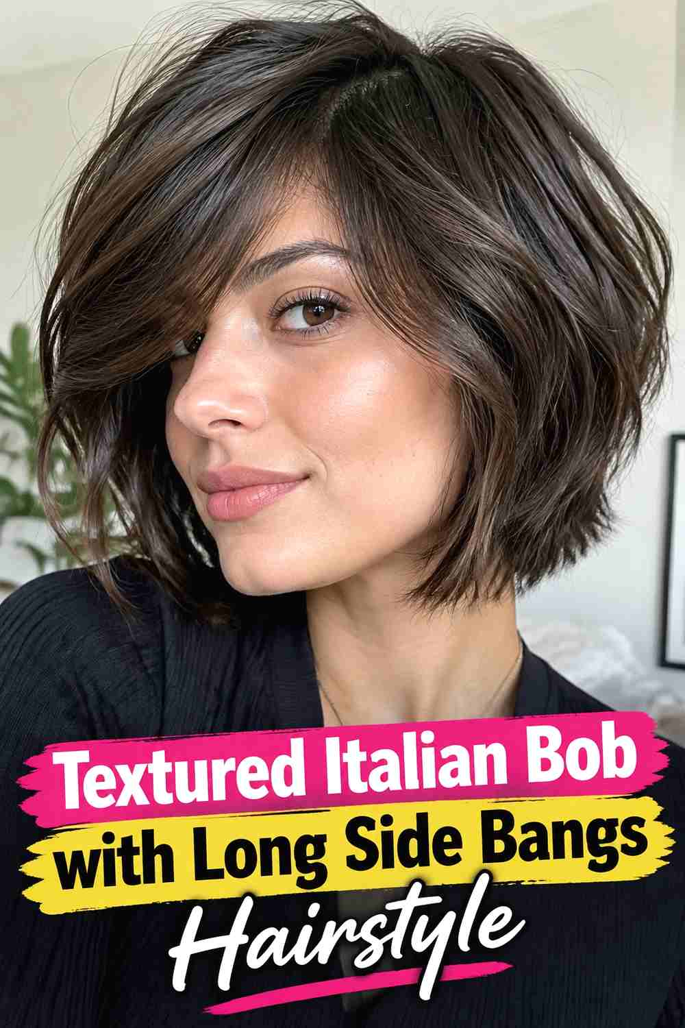 8. Textured Italian Bob With Long Side Bangs Hairstyle