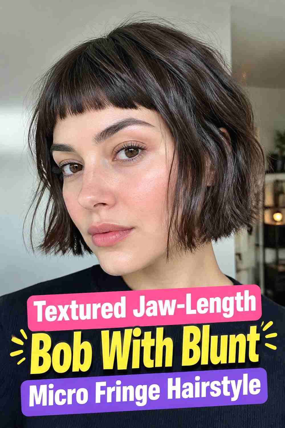 8. Textured Jaw Length Bob With Blunt Micro Fringe Hairstyle