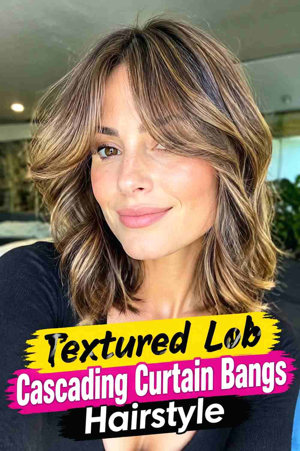13. Textured Lob Cascading Curtain Bangs Hairstyle