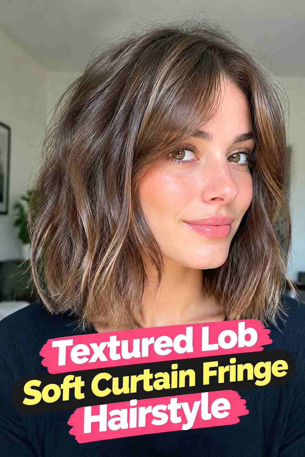 9. Textured Lob Soft Curtain Fringe Hairstyle