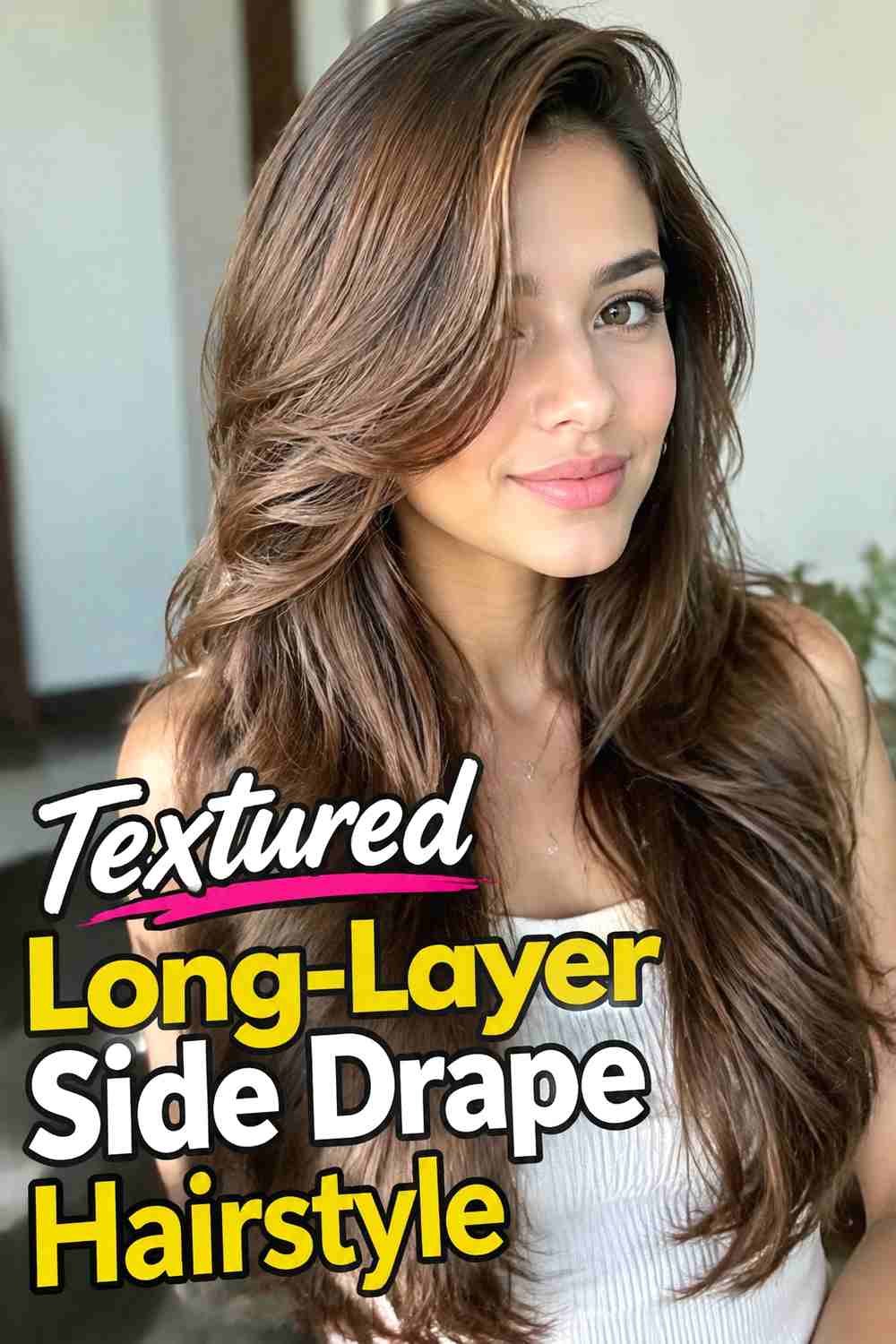8. Textured Long Layer Side Drape Hairstyle
