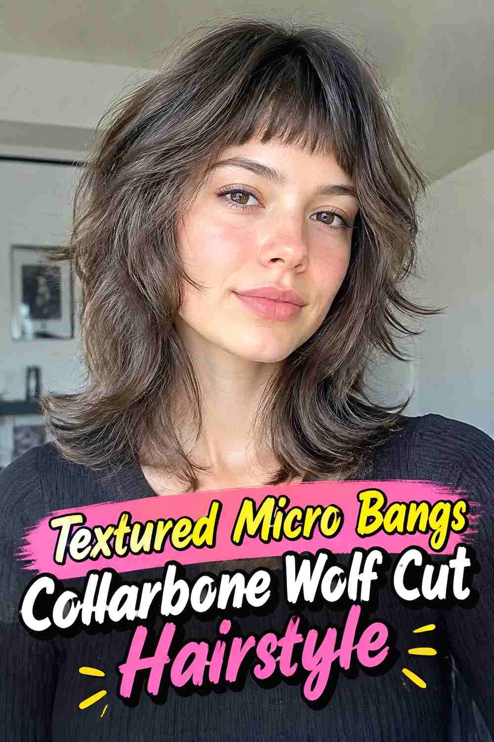 7. Textured Micro Bangs Collarbone Wolf Cut Hairstyle