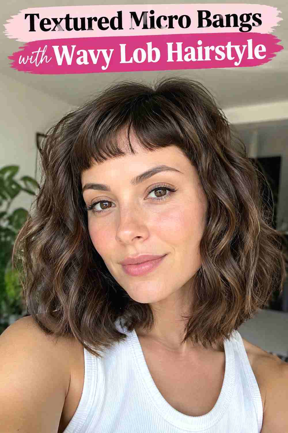 8. Textured Micro Bangs With Wavy Lob Hairstyle