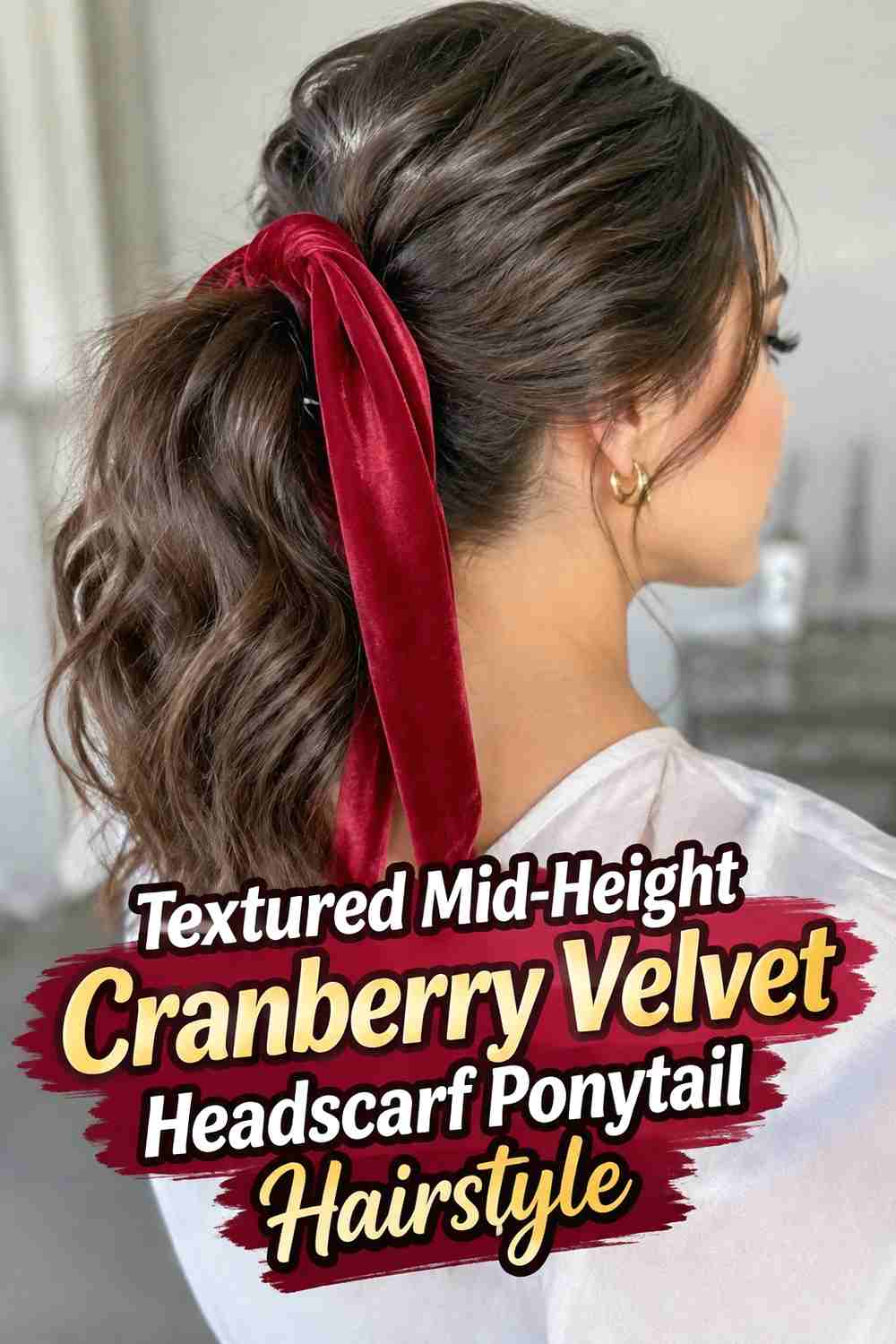 4. Textured Mid Height Cranberry Velvet Headscarf Ponytail Hairstyle