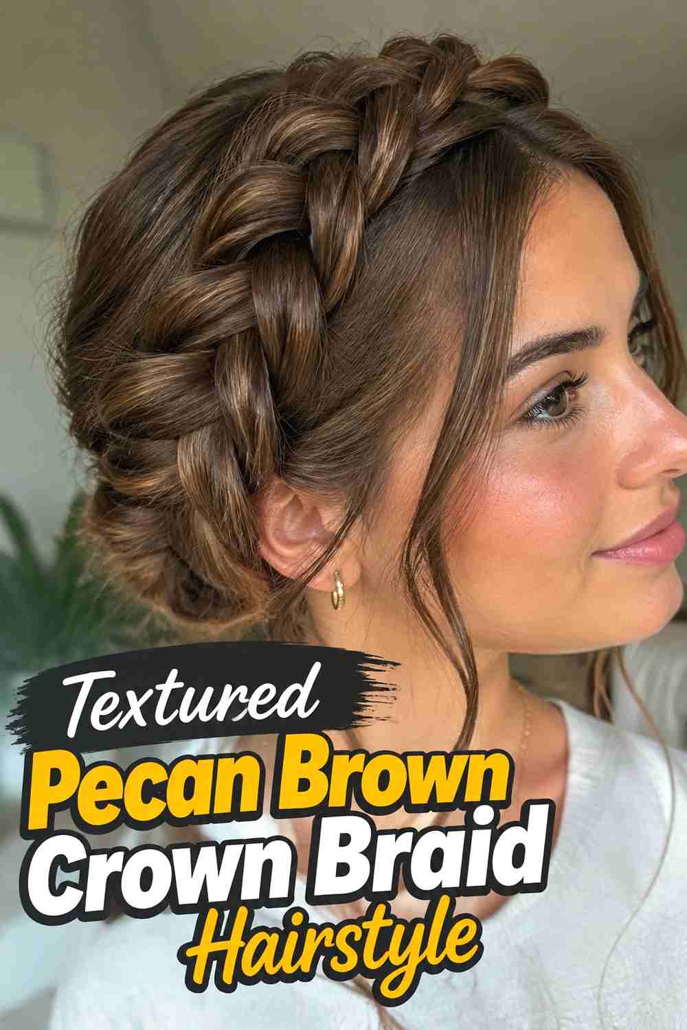 11. Textured Pecan Brown Crown Braid Hairstyle