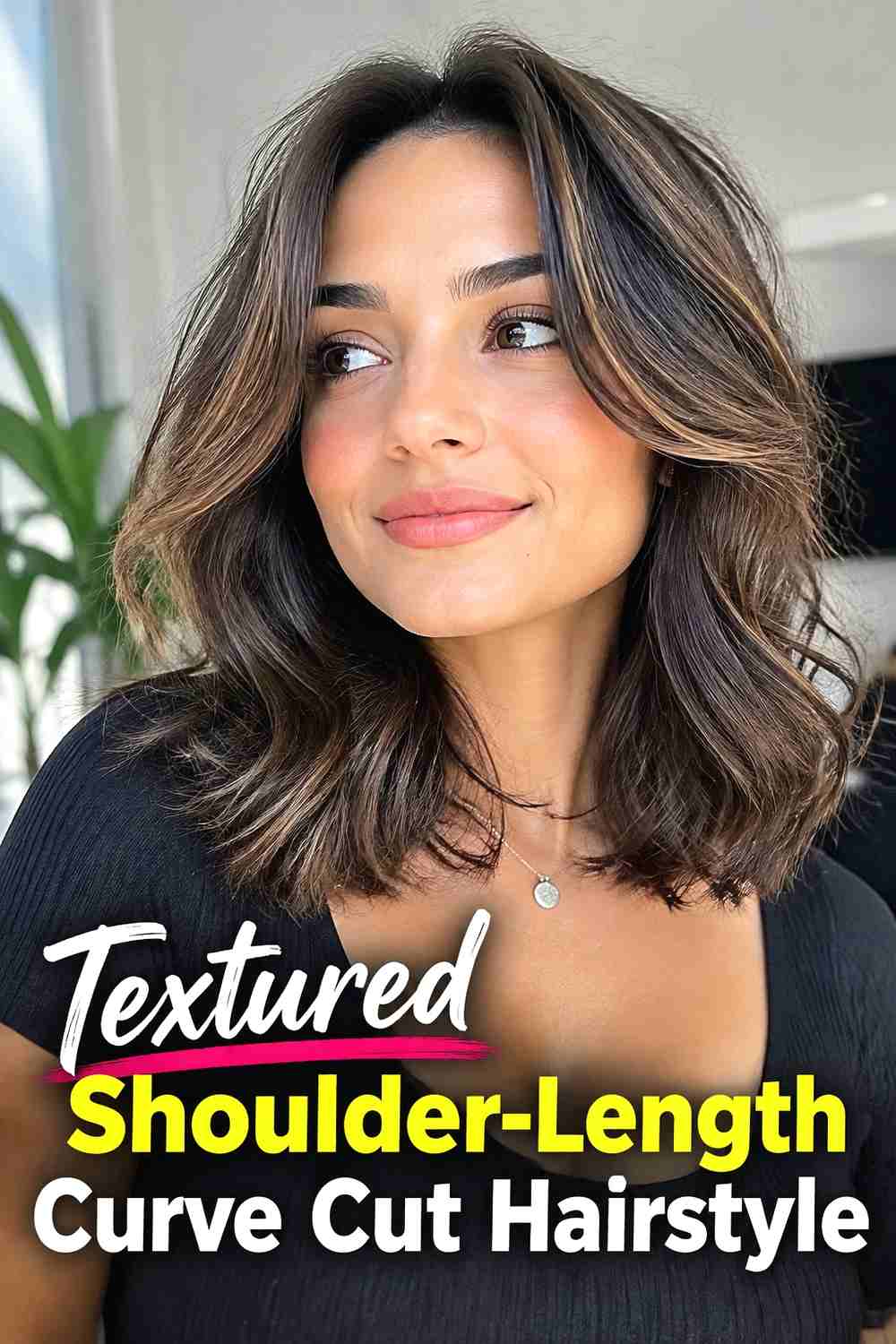 12. Textured Shoulder Length Curve Cut Hairstyle