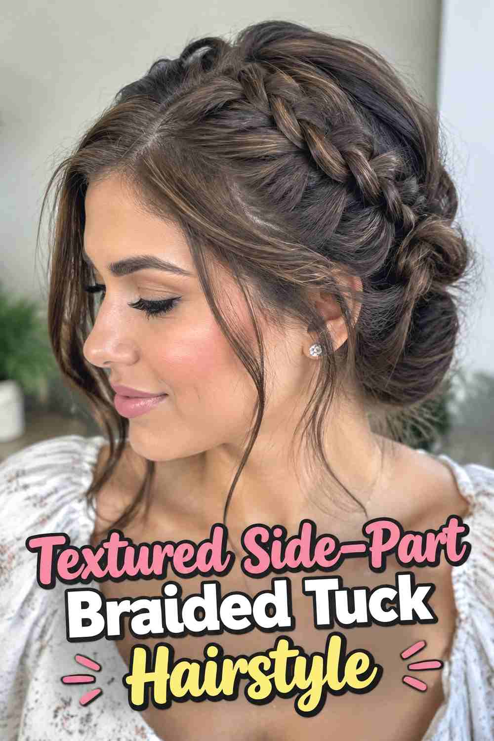 13. Textured Side Part Braided Tuck Hairstyle