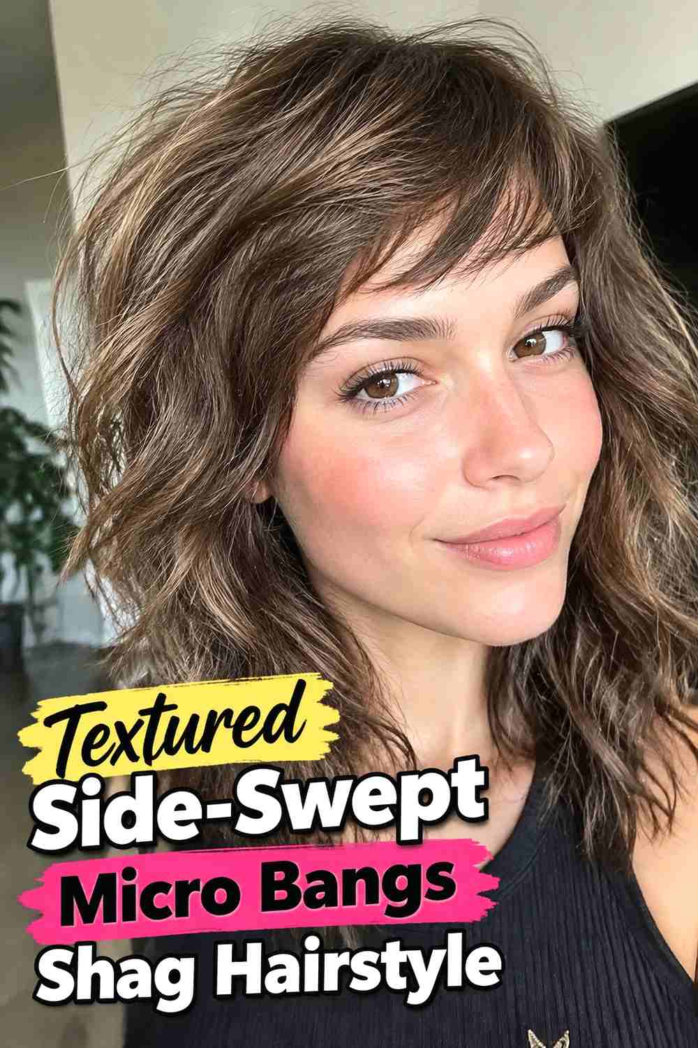 5. Textured Side Swept Micro Bangs Shag Hairstyle